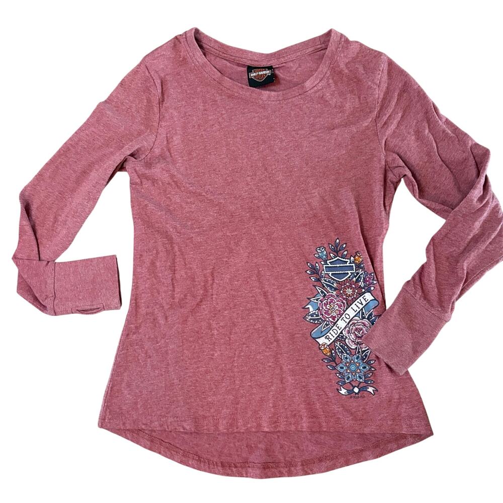 Harley-Davidson Women’s Long Sleeve Shirt Sz S Pink Retro Tattoo OK back Print